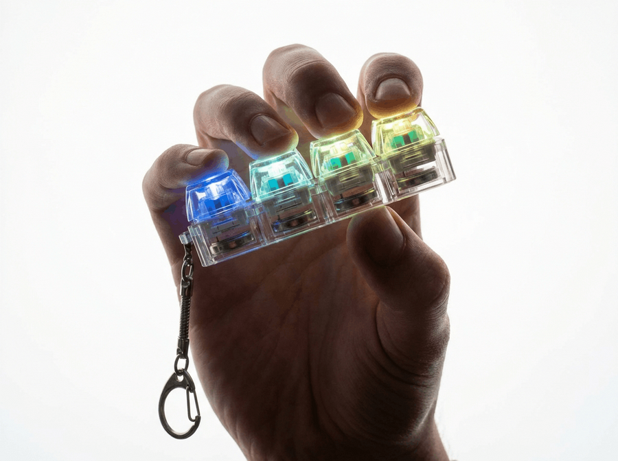 Hand hält den Setkeys Anhänger mit Regenbogen-RGB.
